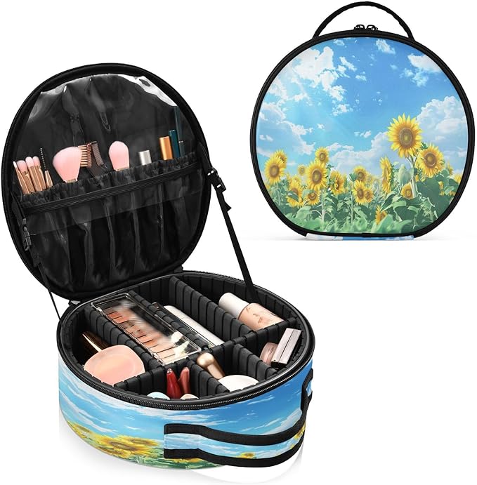 senya Round Cosmetic Pouch Travel Makeup Train Case Sunflower Makeup Organizer Bag with Adjustable Dividers Portable for Cosmetics Makeup Brushes Toiletry Jewelry Accessories