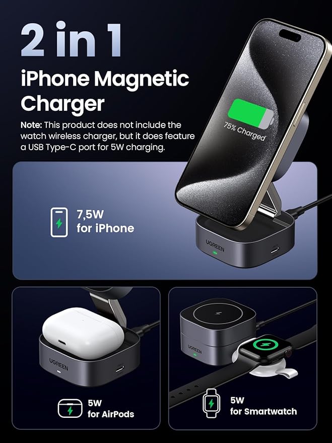 UGREEN MagFlow Magnetic Foldable Charging Station, 2-in-1 Fast Wireless Charger Compatible with iPhone 17 17 Air 17 Pro 17 Pro Max 16 15 14 13 12, Airpods3 2 Pro (No AC Adapter)