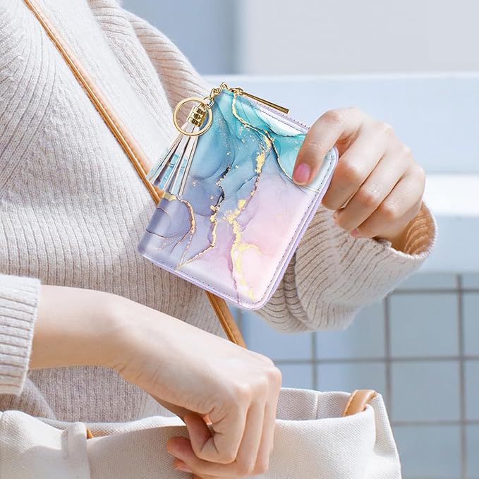 Coco Rossi Leather Credit Card Wallet for Women, RFID Blocking Zipper Cards Holder with Tassel, Gradient Marble