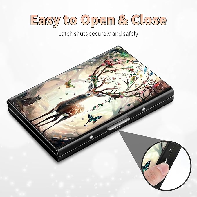 Slim Credit Card Holder, Decorative Deer Butterfly RFID Blocking Metal Wallet for Men & Women, Aluminum Minimalist Hard Case Pocket-Sized Business Cards Organizer (Fits Up to 10 Cards)