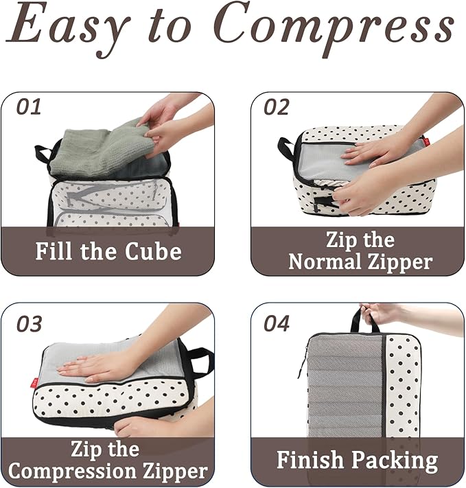 U+U 6 Set Compression Packing Cubes - Ultralight Travel Organizers with Laundry Bag, Space-Saving Suitcase Organizer, Expandable Packing Cubes for Travel, Business Trip and Family Vacation (Polka Dot)