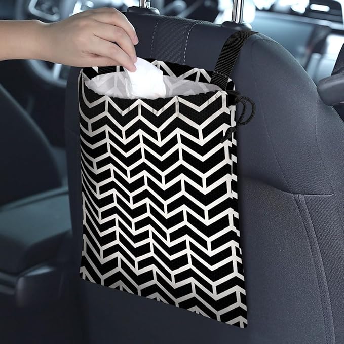 Car Trash Bag Hanging Back of Seat Waterproof Small Cute Printed One-Handed Strap Drawstring Garbage Bags for Car-Black White