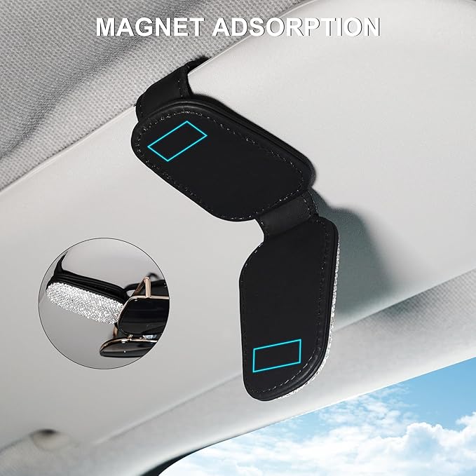 eing Magnetic Leather Sunglass Holder,Bling Crystal Eyeglass Hanger Clip for Car Sun Visor, Suitable for Different Size Eyeglasses, 1 - Pack White