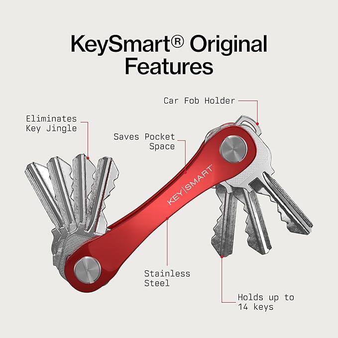 KeySmart Original Key Holder - Compact Key Organizer for Key Chain, Minimalist Clutter-Free EDC Keychains Key Ring, Red, 14 Keys