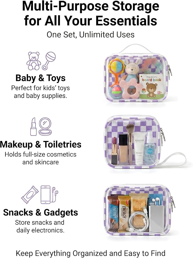LETGO Checkered Diaper Bag Organizer Pouch Set,TSA Approved Toiletry Bag,Clear Waterproof TPU Car Makeup Bag Set Travel Organizer Bags for Women and Kids Toiletry Bag Set for Baby and Mom Essentials