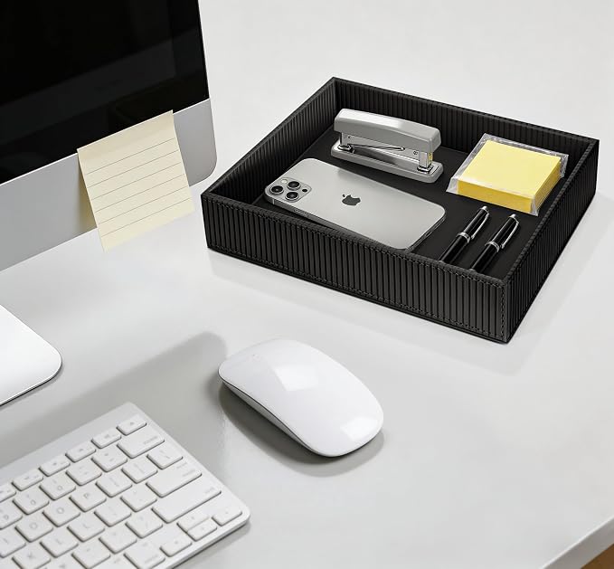 SITHON Valet Tray Desk Organizer, PU Leather Catchall Bedside Vanity Tray Nightstand Caddy Coin Box Key Jewelry Storage Organizer, Graduation Day Father's Gift, Stripe Black