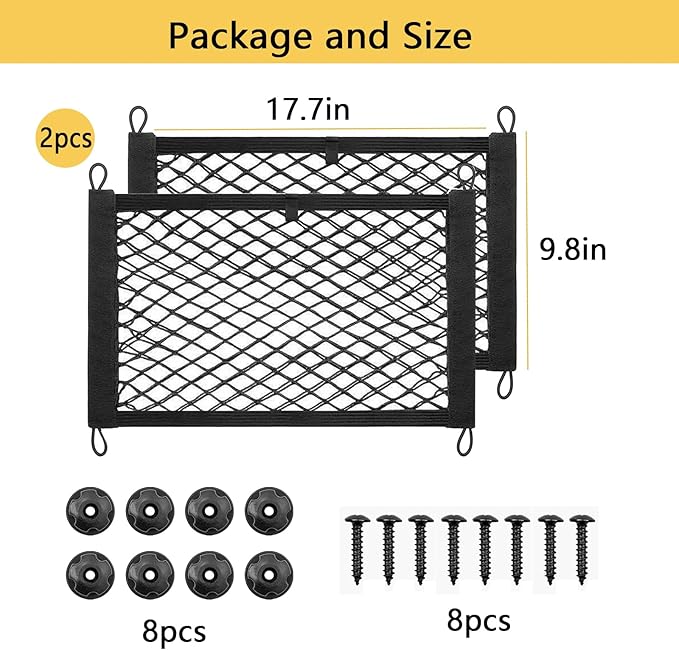 ZMD 2PCS Small Cargo Nets, Pocket Storage Rv Mesh Net Universal Elastic Automotive Cargo Netting Storage Pouch with 8Pcs Mounting Screws&Hooks for Car Truck SUV Boats (18x9.8 Inch)