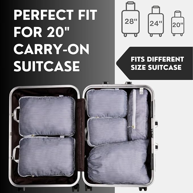 Compression Packing Cubes for Travel 6PC Set - Suitcase Organizer & Space Saver Bags for Carry On Luggage with Drawstring Backpack Grey Stripe