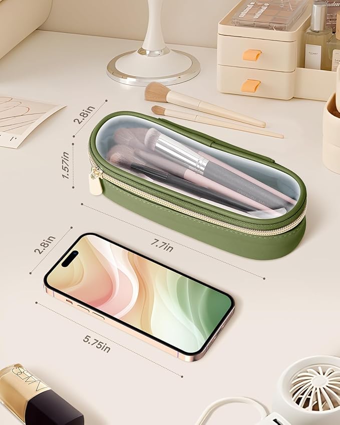 Soimeat Clear Travel Makeup Brush Holder, Leather Makeup Brush Toiletry Bag, Portable Cosmetic Brush Case, Transparent Waterproof Makeup Brush Storage Bag, Green