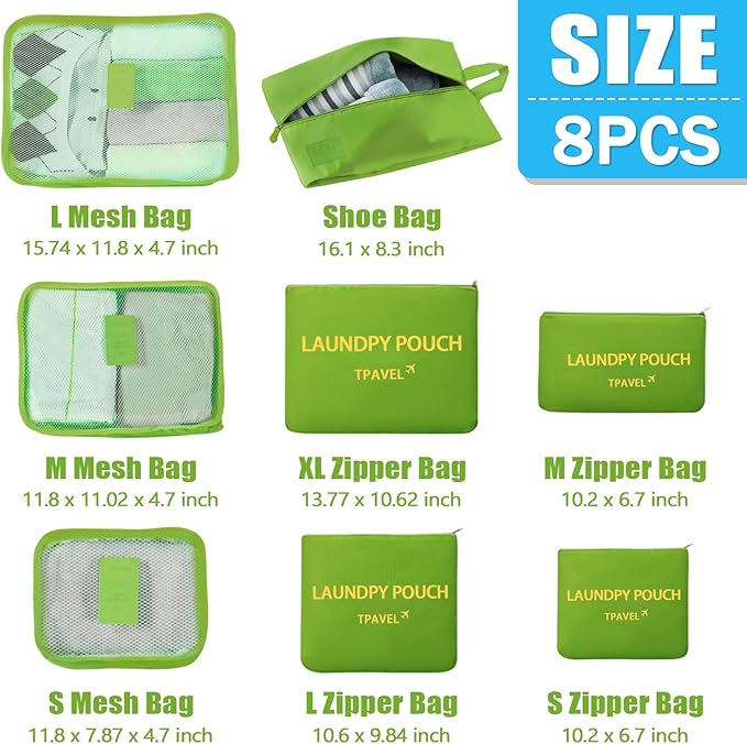8 Set Packing Cubes for Travel Luggage Packing Bags Reusable Waterproof Suitcase Organizer Cubes Set with Shoe Bag and Toiletry Bag (Green)