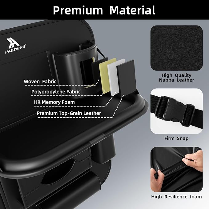 Universal Premium Leather Foldable Car Backseat Organizer with Table Tray, Car Seat Back Protector with Garbage Bag Touch Screen Pad Holder, Car Kick Mats Protector with Tissue Holder (Black)