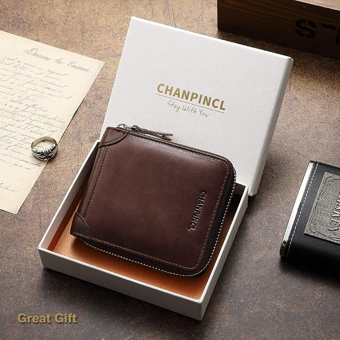 Mens Genuine Leather Zipper Wallet RFID Secure Large Capacity Double Fold Multi-card Leather Wallets for Men and coin purse