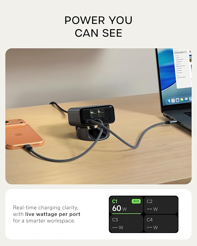 Satechi ChargeView??140W Desktop Charger, GaN Charging Station with Live Power Display, Four USB-C Ports, Designed for Modern Workspaces, Space Black