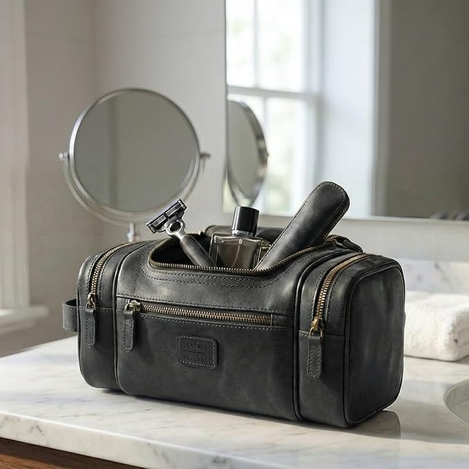 LEATHER VILLAGE Genuine Leather Travel Dopp Kit for Men & Women – Large Capacity Hanging Toiletry Bag with Water-Resistant Lining – Ideal for Travel, Grooming & Gym - Black