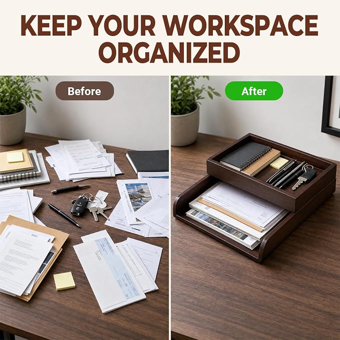 Wooden Desktop File Organizer, 2-Tier Detachable Solid Wood Paper Tray for A4 Paper Documents Letter Bill Notebook Stationery, Multi Modular Desk Storage Tray for Home Office Cubicle School