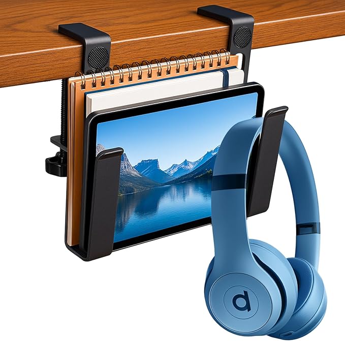 OOKUU Adjustable Desk Side Laptop Holder, No Drill Laptop Side Desk Mount, Hanging Side Desk Laptop Stand, Non-Slip Scratch-Resistant Pad（Black）