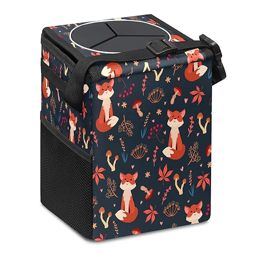 Car Trash Can Cute Red Foxes Forest Mushrooms Wate-rproof Auto Garbage Bag Car Trash Can with Lid Leak-Proof Car Storage Bag Hanging for Headrest Collapsible and Portable with Storage Mesh Pocket