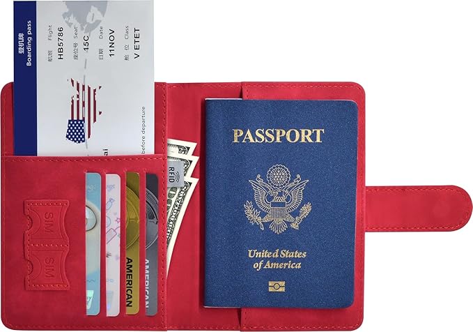 Passport Holder, Passport Cover with Credit Card Slot and Boarding Pass Slot Combo, Passport Wallet Case Book Travel Must Have, RFID Blocking Leather Travel Accessories, Red