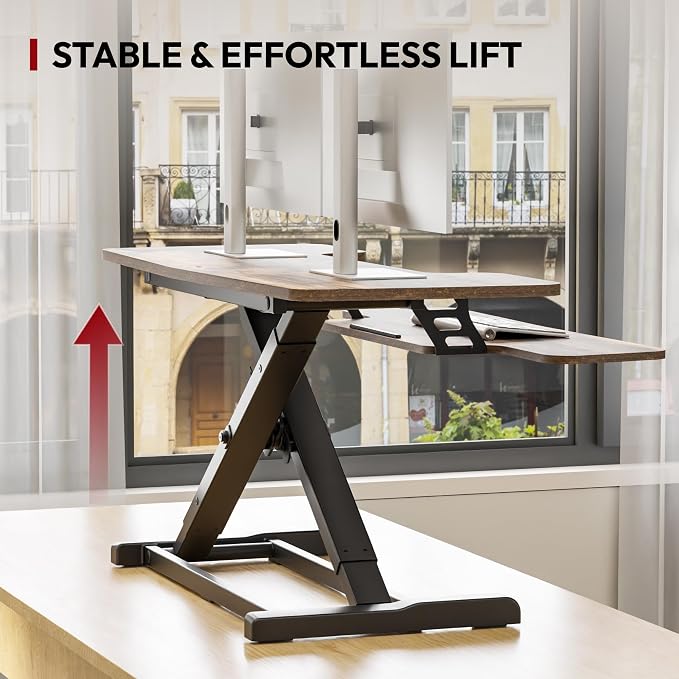 SANODESK 40" Standing Desk Converter, Effortless Lift Sit-Stand Desk Riser for Dual Monitors, Large Ergonomic Computer Workstation Tabletop, Rustic Brown