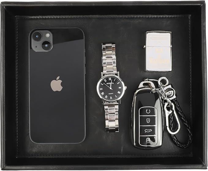 Leather Valet Organizer for Men – Black Catchall for Wallet, Keys, EDC, Jewelry, and Perfume – Nightstand, Dresser, and Bathroom Vanity Storage