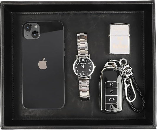 Leather Valet Organizer for Men – Black Catchall for Wallet, Keys, EDC, Jewelry, and Perfume – Nightstand, Dresser, and Bathroom Vanity Storage