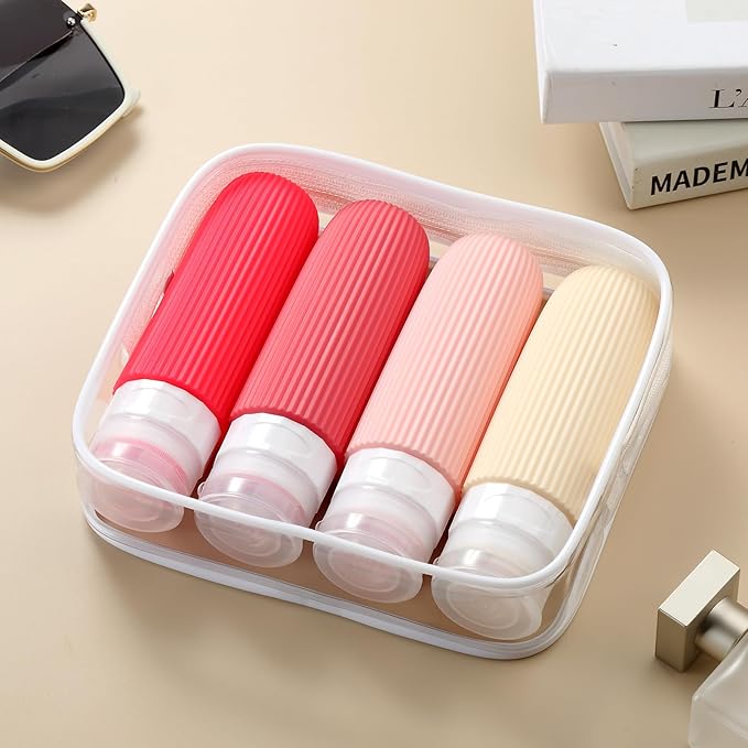 Mrsdry Travel Bottles for Toiletries, Tsa Approved 3oz Portable Travel Bottles, BPA Free Leak Proof Squeezable Silicone Travel Size Containers, Travel Accessories with Clear Toiletry Bag (4 Pack)