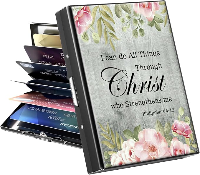 Metal Wallet for Women Men Girls, RFID Blocking Slim Aluminum Credit Card Holder, Mini Travel Wallet with Hard Shell, Lightweight ID & Business Card Case,Bible Verse Philippians 4-13