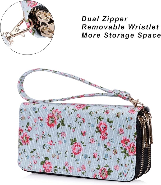 Cellphone Wallet for Women Dual Zipper Long Purse with Removable Wristlet