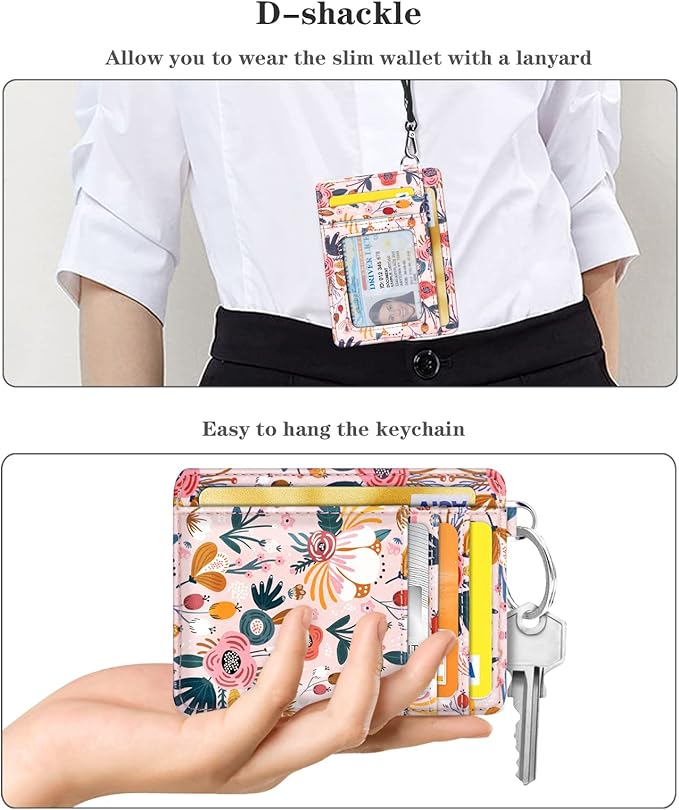 Coco Rossi Slim Front Pocket Wallet RFID ID Card Holder Cute Small Wallet with Keychian for Women, Pink Flowers