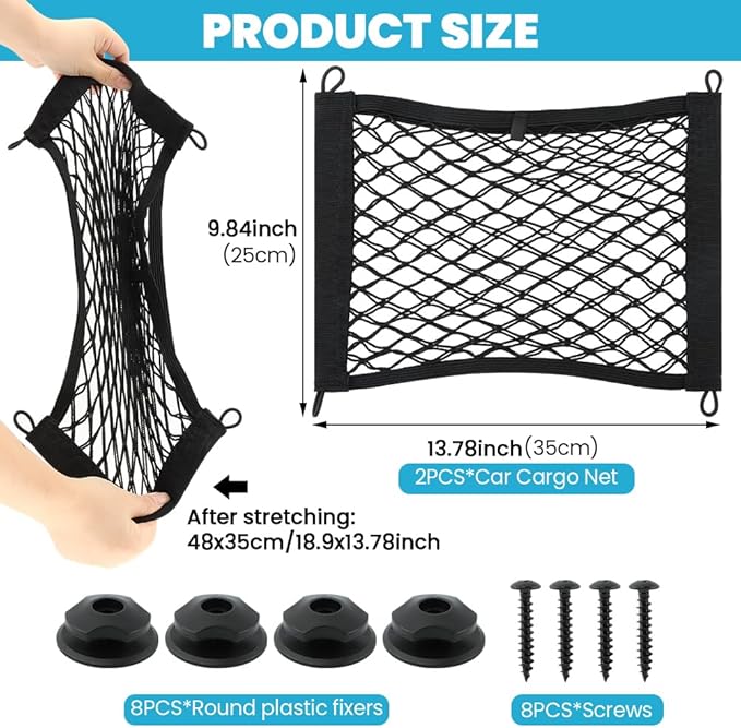 2 Pack Elastic Small Cargo Net Pocket,Small Cargo Net with Hooks,Cargo Netting Bungee,Storage Net,Boat Storage,Trunk Net Organizer for Car,Truck Netting for Cargo(18.9x13.78 inches)