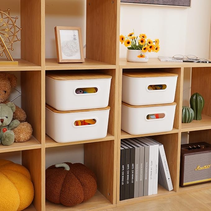 Citylife Storage Bins with Bamboo Lids 16QT Plastic Storage Containers Stackable Organizer Boxes with Handle for Desk Snacks, Toys, 2 PCS, 15" L x 10.6" W x5.8 H