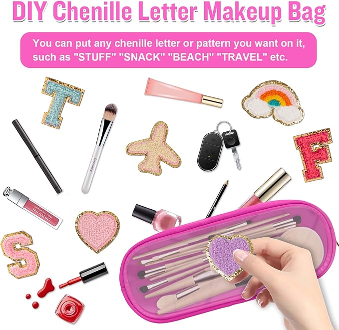 Nylon Small Clear Makeup Bag Slim Pencil Pouch, Cute Pencil Case Makeup Bag Preppy Cosmetic Zipper Pouch for Purse,Travel PVC Toiletry Bag Clutch Coin Pouch Makeup Organizer for Women Girls(Hot Pink)