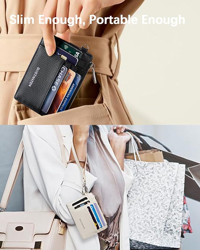 BOSTANTEN Small Wallet For Women RFID Leather Credit Card Holder Slim Wristlet Keychain Wallet With Zipper Pocket White Cow Print