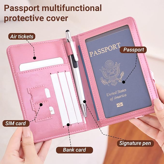 Passport Holder for Travel ，with 2 Luggage Tags,RFID blocking Passport Cover Wallet for Women Men, Waterproof PU Leather passport Book Card Holder Case Organizer Travel Essentials (Pink)