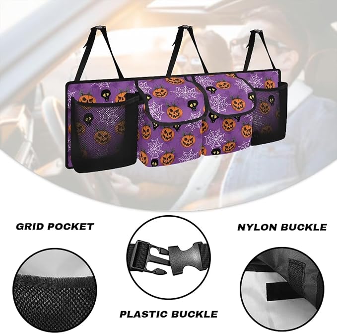 Hanging Car Trunk Organizer for SUV Sedans Jeep Trucks MPV Van, Halloween Spiderweb Pumpkins Collapsible Design Car Back Seat Storage Bag Automotive Interior Accessories