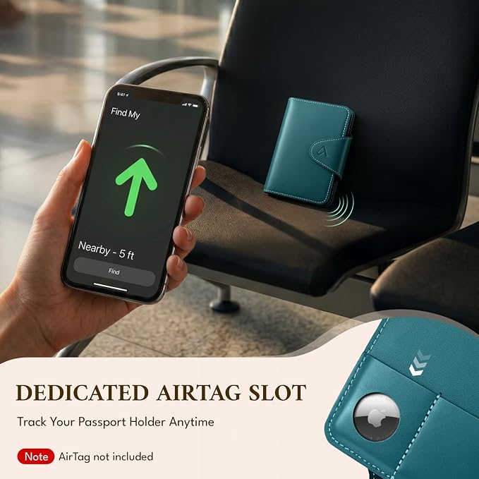ALLIVE Passport Holder for Travel with Built-in AirTag Slot, Genuine Leather Passport Wallet Must Haves Travel Accessories, Rfid Blocking Passport Cover Case for Women and Men (Lake Blue)