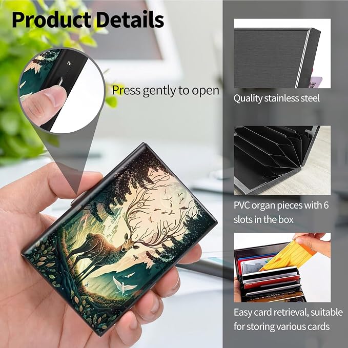 Metal Wallet, Credit Card Holder for Women Men Girls, RFID Blocking Aluminum Wallet Slim Hard Case, Mini Travel Wallet, ID Card Holder Business Card Case,Art Deer