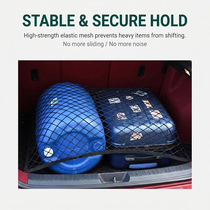 Car Trunk Cargo Net, 31.5" x 23.62" Highly Elastic Trunk Net Organizer with Hooks, Adjustable Mesh Cargo Storage Nets, Universal for SUVs, Cars and Trucks (Black)