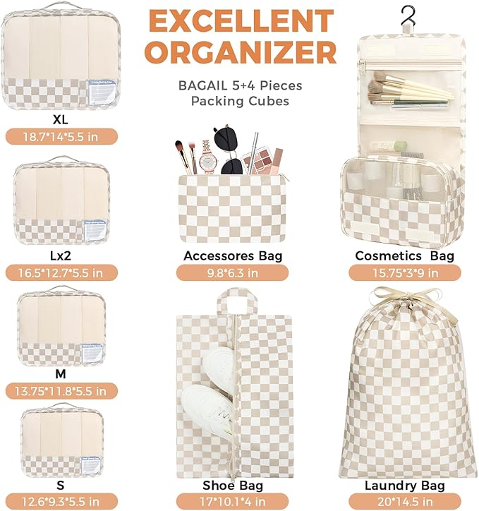 BAGAIL 9 Set Packing Cubes with Packing List Luggage Packing Organizers for Travel Accessories