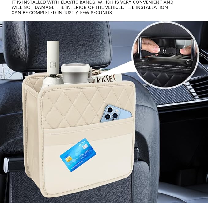 Car Seat Back Organizer, Car Organizers and Storage, Leather Multipurpose Vehicle Backseat Storage Pocket, Auto Interior Accessories Waterproof Hanging Bag for SUV Sedan Truck (Beige)