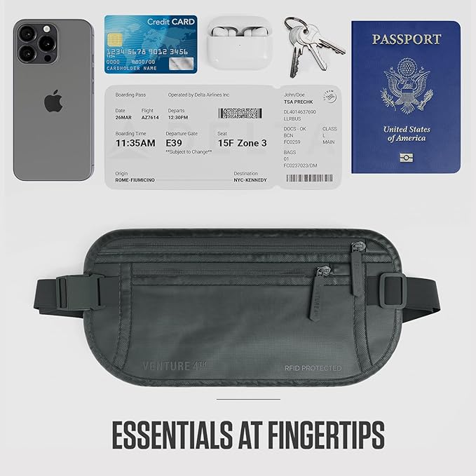 VENTURE 4TH Money Belt for Travel – Hidden Under-Clothes RFID Blocking Passport Holder & Slim Travel Wallet Pouch for Men & Women to Protect Cash, Cards & Documents (Sleek Gray)