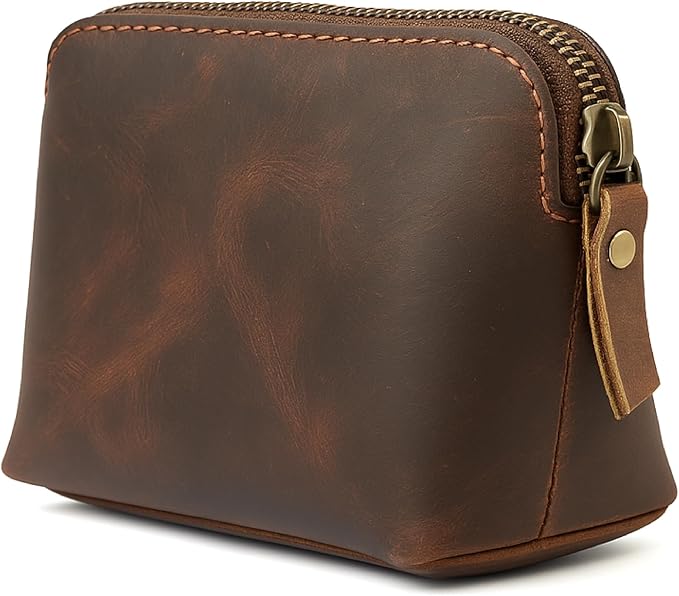 Full Grain Leather Cosmetic Bag – Zippered Makeup Pouch for Women, Small Travel Toiletry & Organizer Pouch for Purse, Premium Handmade Leather (5 × 4 × 2.5 in)