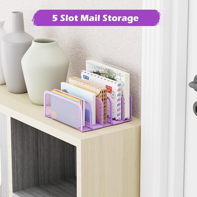 Mail Organizer Countertop, Metal File Holder with 5-Slot, Small Desk File Organizer for Letter, Bill, Mail Sorter, Desktop Letter Folder Holders for Office, Home, School (Purple)