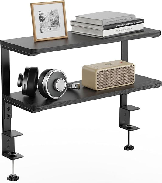2-Tier Desk Extender, 22-inch Clamp-On Desk Shelf, Height-Adjustable Desktop Shelf Organizer for Monitors Office and Gaming Accessories, Arm Support Table Extension, Black