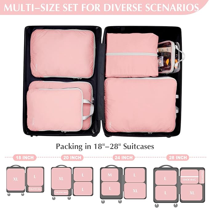 Gonex Compression Packing Cubes, 6pcs Expandable Storage Travel Luggage Bags Organizers with Shoe Bag, Clear Toiletry Bag (Pink)