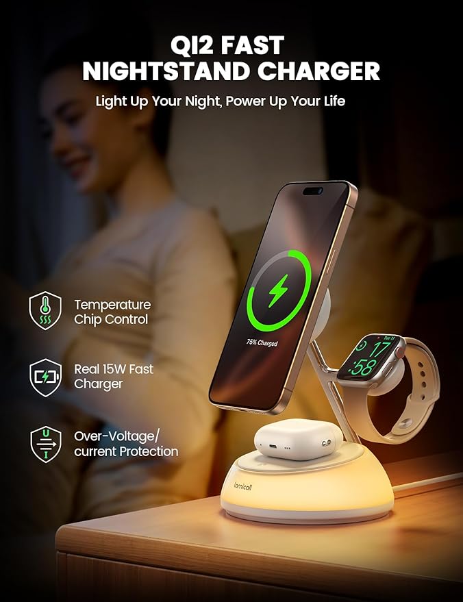 Lamicall 4-in-1 Qi2 Certified Wireless Charging Station for Magsafe, [LED Night Light] 15W Fast Magnetic Charger Stand Gifts, Compatible for iPhone 17 16 15 14 13 Series, Watch, Air pods, 30W Adapter