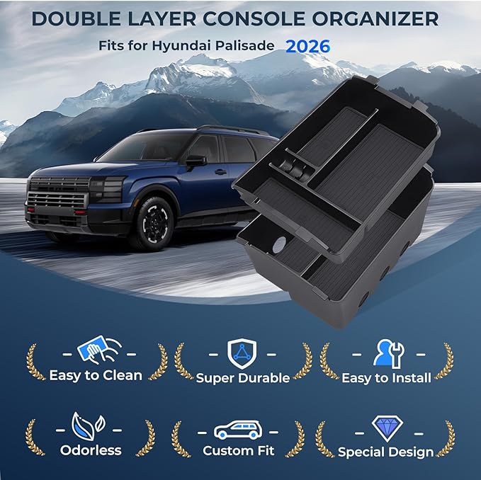 Double Layer Center Console Organizer Tray Storage Box for Hyundai Palisade 2026 (Only fit 7-Seater with Dual-Opening Center Console), Interior Accessories Insert Tray for 2026 Palisade, Black