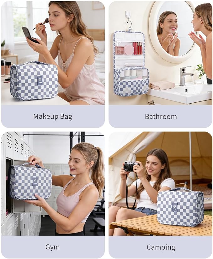 Narwey Small Hanging Travel Toiletry Bag for Traveling Women, Checkered Travel Bag for Toiletries, Makeup Bag Organizer Make Up Cosmetic Bags, Gifts for Kids Teen Girls (Grayish Blue Checkerboard)