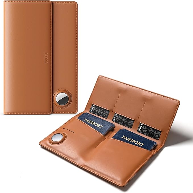 VULKIT Family Passport Holder for 4 Leather Passport Wallet with Airtag Slot Multiple Passport Holder RFID Blocking Bifold Travel Documents Organizer