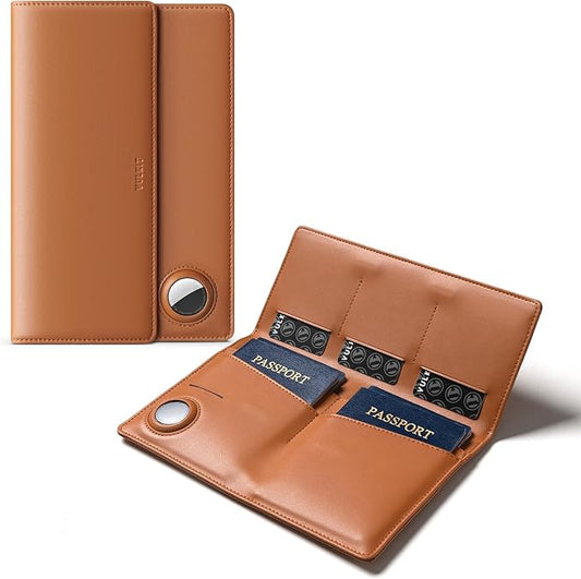 VULKIT Family Passport Holder for 4 Leather Passport Wallet with Airtag Slot Multiple Passport Holder RFID Blocking Bifold Travel Documents Organizer